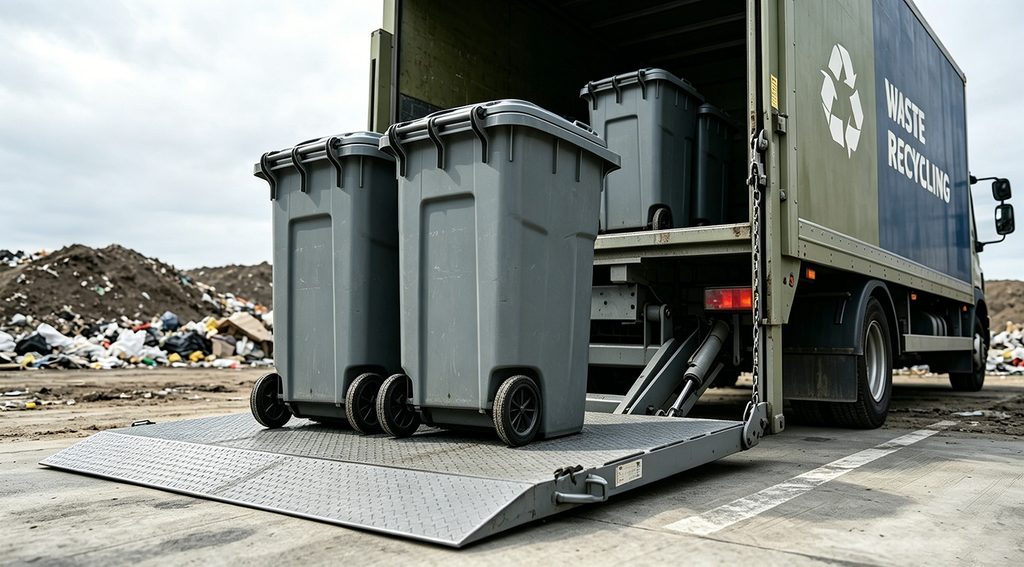 Waste recycling truck with tail lift ramp lowered to ground, loading grey wheelie bins onto the non-slip platform