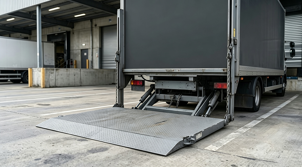 truck liftgate lowered at loading dock — column tail lift platform extended