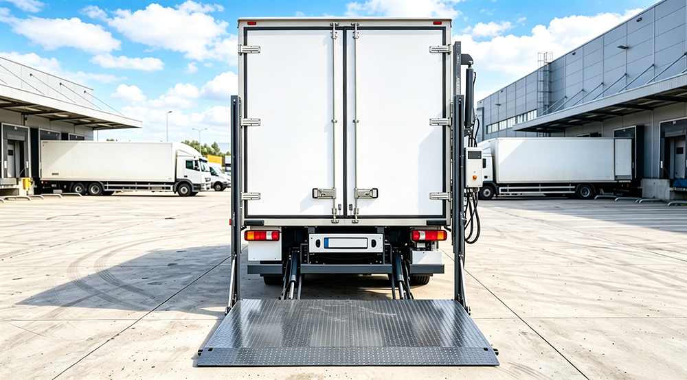 Truck with hydraulic tail lift platform lowered at ground level, showing the lift mechanism and hydraulic cylinders at the rear