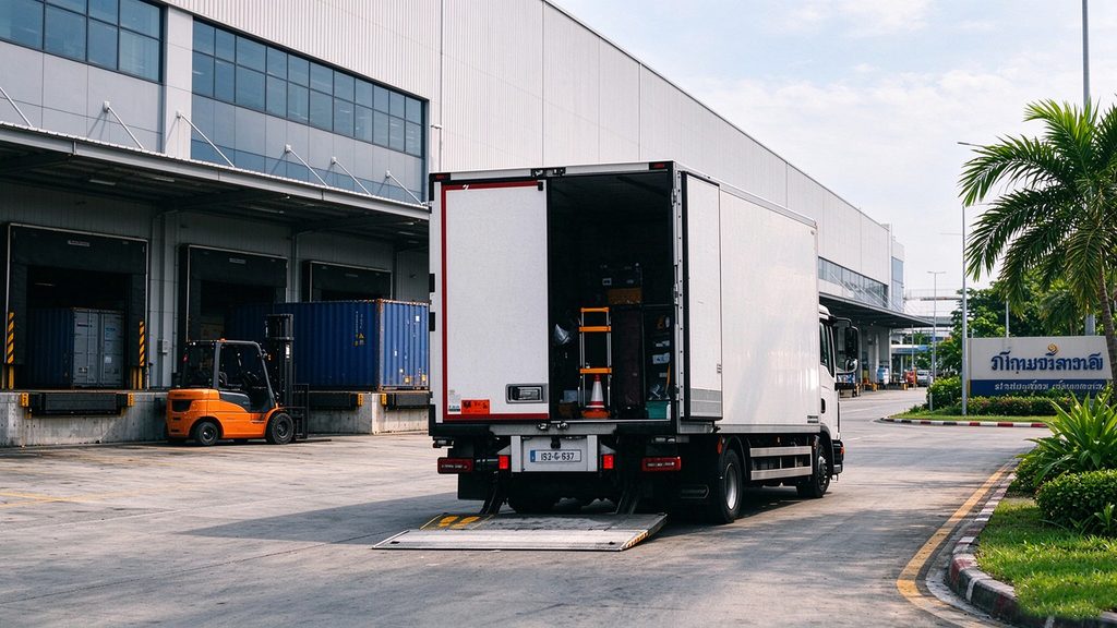 Delivery truck with Beauway hydraulic lift gate unloading at a logistics park in Thailand