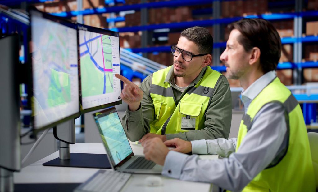 Two fleet dispatchers reviewing route planning and managing multi-stop delivery schedules after a truck tail lift breakdown.