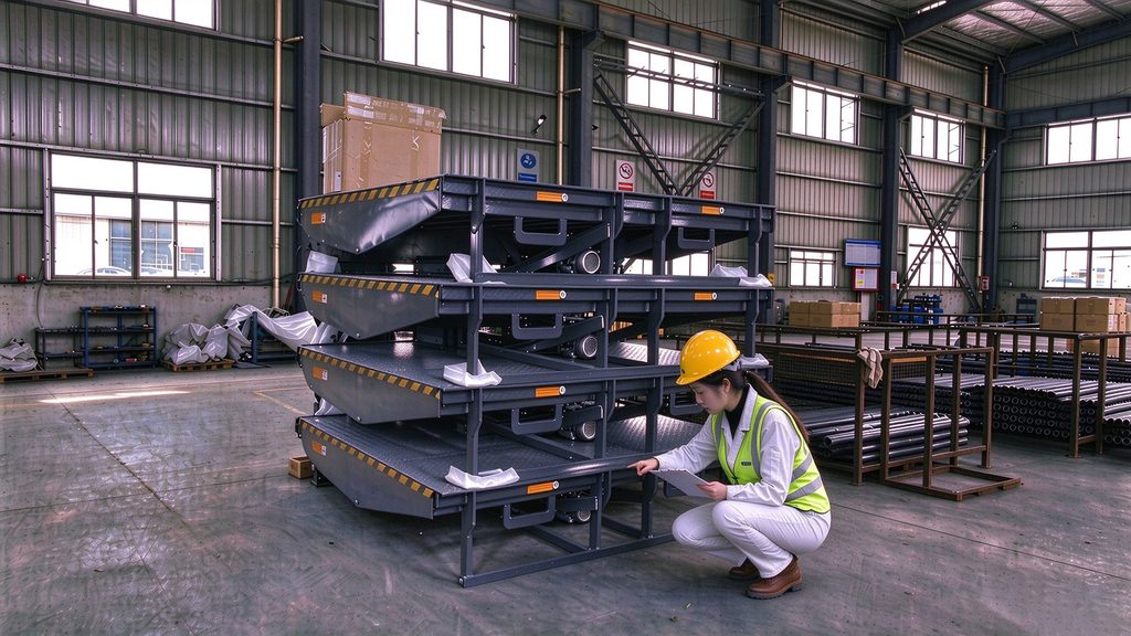 Female quality inspector checking stacked hydraulic dock levelers in factory