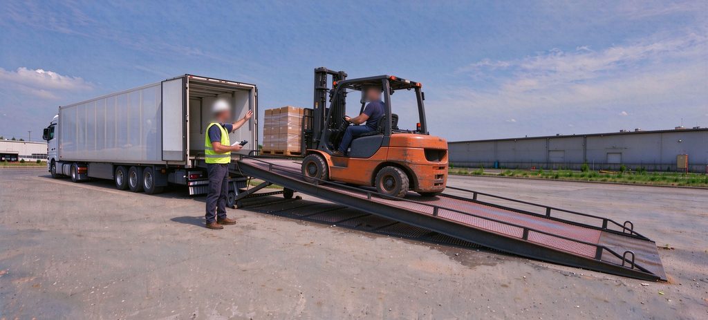 Heavy-duty yellow mobile yard ramp with serrated steel grating positioned outside a warehouse.