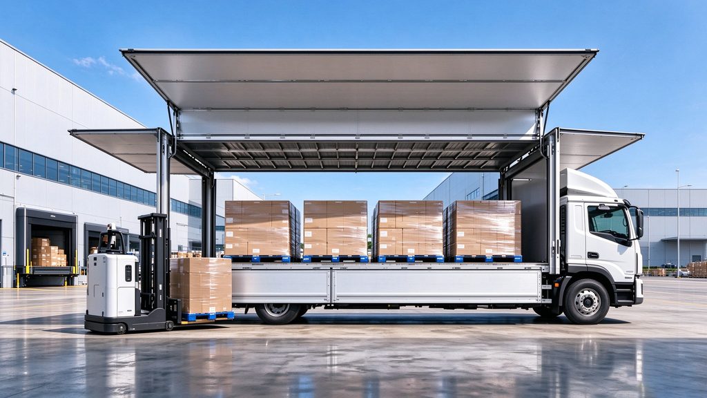 Forklift operations for wing body truck loading palletized cargo directly through the side-opening wing panels