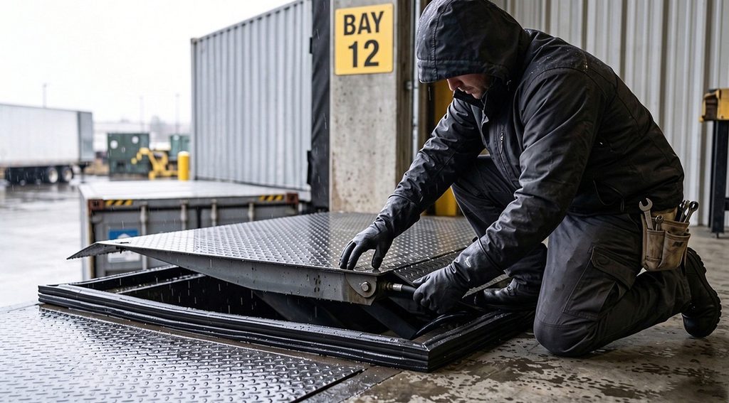 Maintenance technician inspecting a hydraulic dock leveler lip hinge pin for troubleshooting