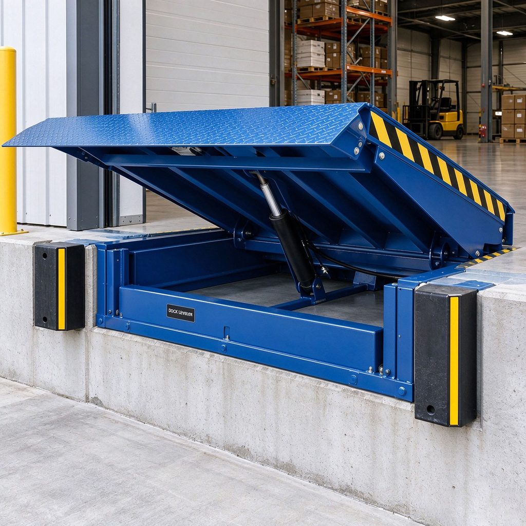 Blue hydraulic heavy duty dock leveler showing pit structure, deck plate, and lip extension