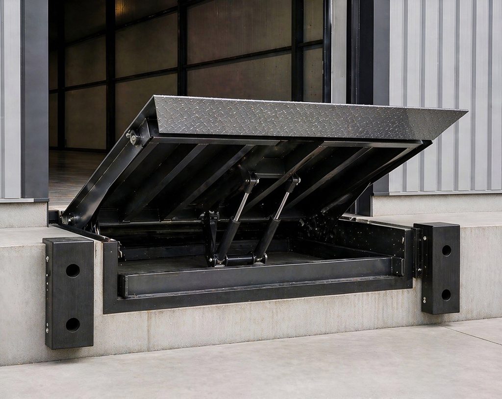 Fixed hydraulic dock leveler raised position showing deck structure, lip plate, and hydraulic cylinders