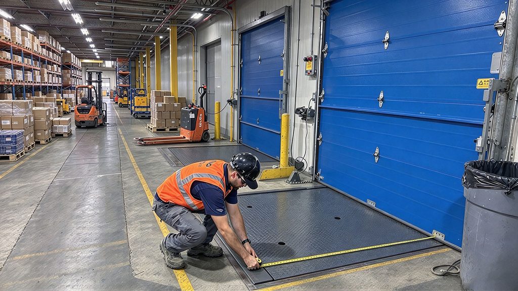 Technician measuring a dock leveler platform with tape measure in warehouse