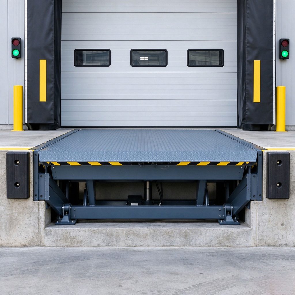 Modern industrial warehouse loading bay equipped with a standard heavy duty dock leveler