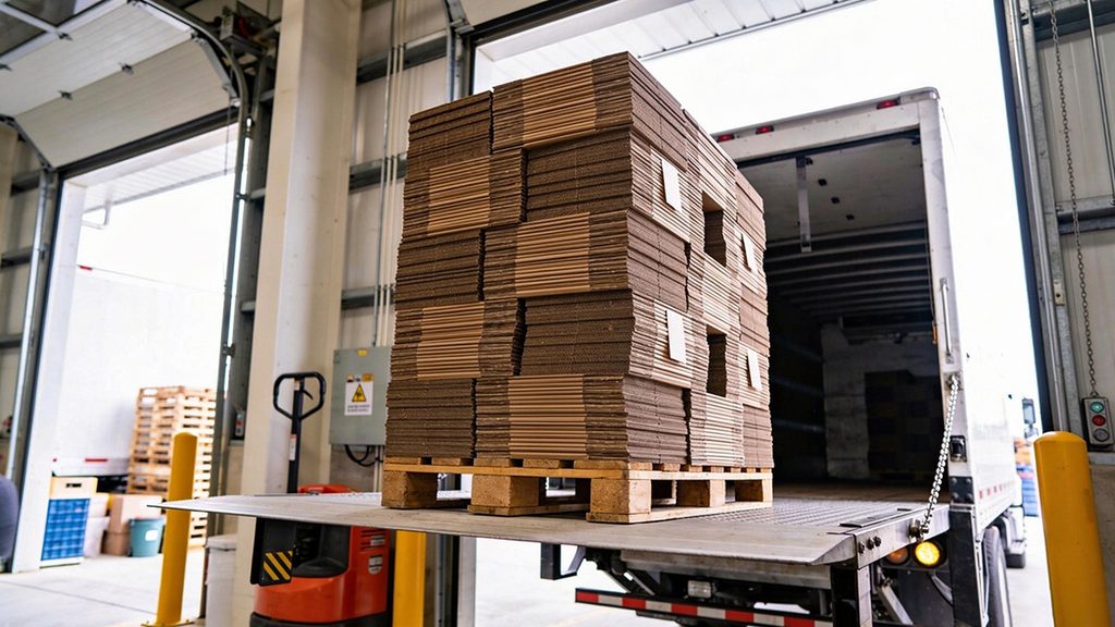 Heavy cargo pallet loaded on a Q700 high-strength steel truck tail lift platform during warehouse operations