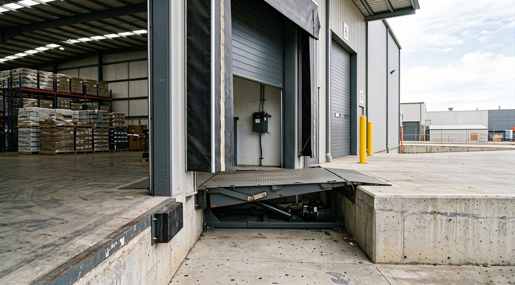 Pit dock leveler installed in a recessed warehouse loading dock