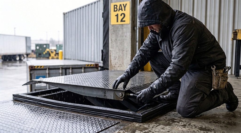 Technician inspecting a pit dock leveler at a warehouse loading dock