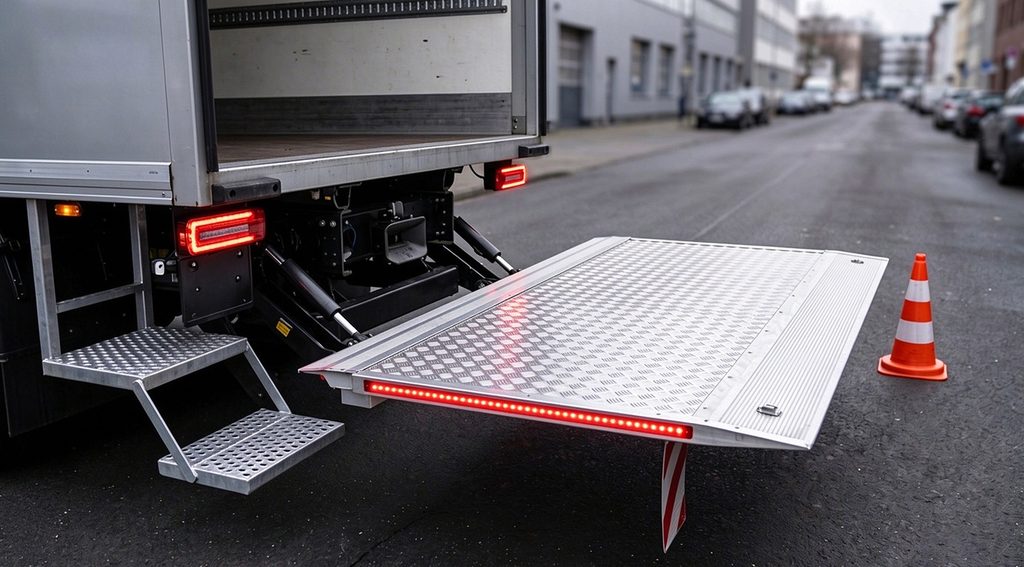 Commercial truck tail lift at a loading dock during pallet loading operations