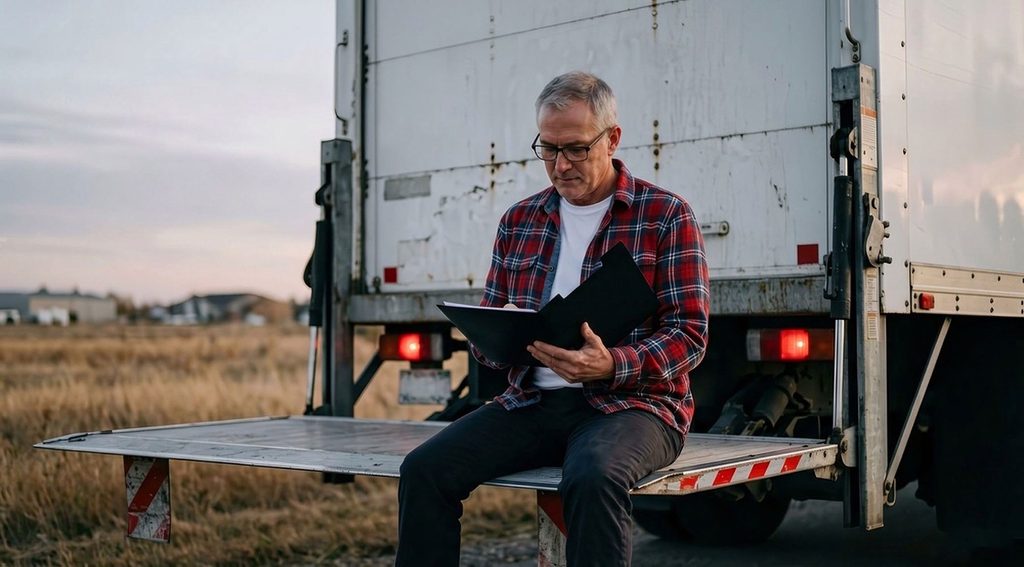 A truck driver sitting on a tail lift platform reviewing safety inspection reports and repair documentation.