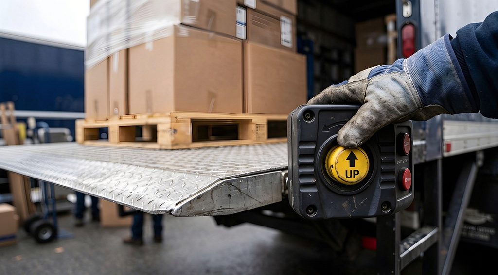 A worker operating the control switch of a truck liftgate weight capacity system while unloading cargo.