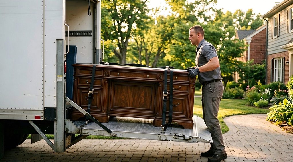 A delivery driver safely unloading heavy furniture to evaluate truck liftgate weight capacity performance.