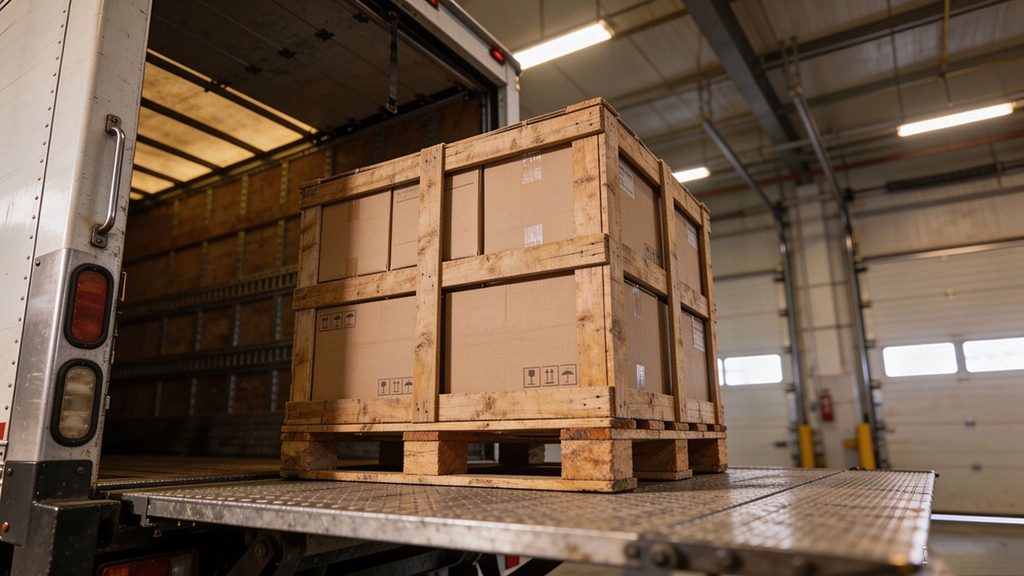 A heavy wooden pallet cargo placed on a truck liftgate to test truck liftgate weight capacity limits.