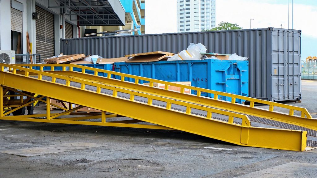 An industrial forklift carrying cargo pallets up a mobile container ramp into a semi-trailer bed.